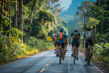 Obraz premium Group of Cyclists Navigating a Scenic Rural Route Amidst Lush Greenery