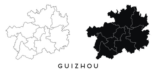 Guizhou map of regions districts vector black on white and outline