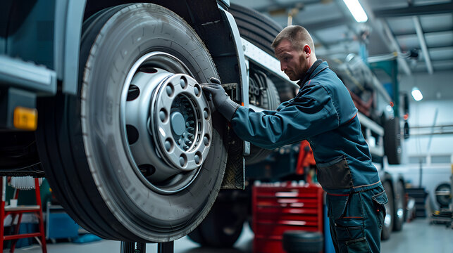 Car mechanic in uniform is replacement tyres on truck in automobile workshop. Truck auto repair shop. Car insurance service. Modern transportation.