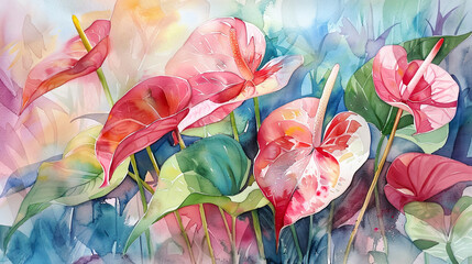Watercolor Painting tropical anthurium in dry brush style, bold and expressive lines 