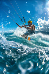 Naklejka premium Exciting Kiteboarding Adventure in the Ocean Under Bright Blue Skies