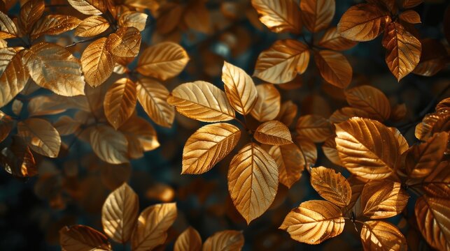 Shiny golden leaves create a stunning natural backdrop with copy space in an abstract low key photo