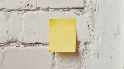 Close up of small blank yellow sticky note on white wall