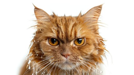 A cat with wet fur and a look of anger on its face