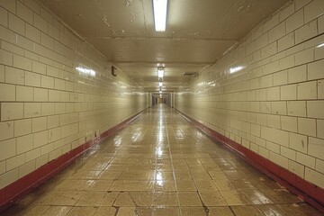Long, narrow, underground pedestrian tunnel with yellowish tiles and overhead fluorescent lighting creating a vanishing point perspective