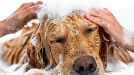 Obraz premium A dog is being washed by a person