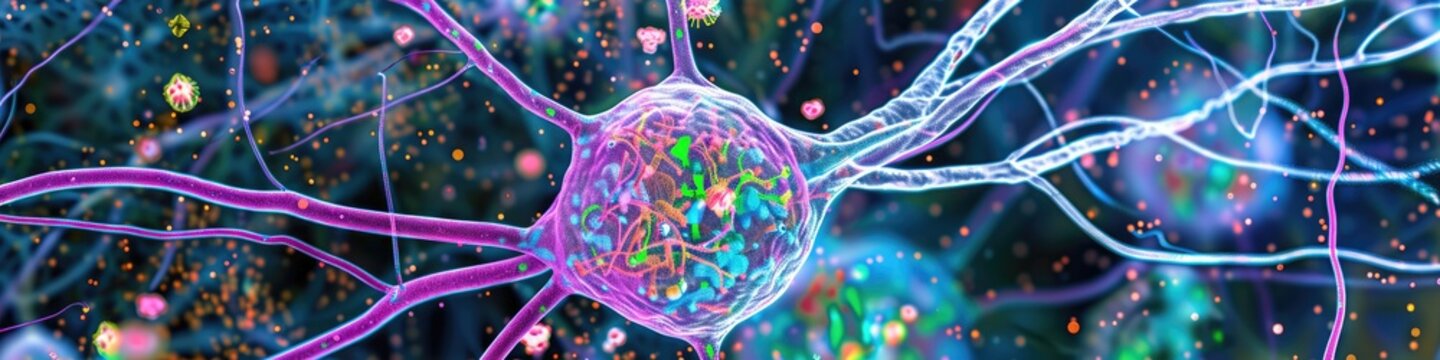 Neuron cell body in false color transmission electron microscope TEM image highlighting nucleus magenta mitochondria blue lysosomes green multivesicular bodies pink RER red and Golgi yellow
