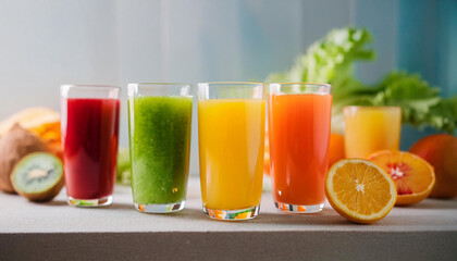 Fototapeta premium Glasses with fresh organic fruit juices. Spa atmosphere 