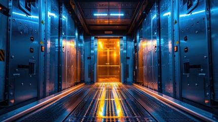 Modern data center hallway with illuminated blue and orange lighting, showcasing high-tech equipment and servers, creating a futuristic ambiance and emphasizing advanced technology infrastructure