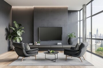 Fototapeta premium Modern living room with TV on wall, two grey armchairs, city view, minimalist design, bright and open concept. 3D Rendering, Generative AI