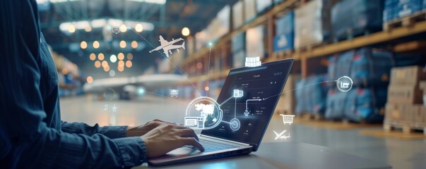 Businessman working with laptop, logistics icons on screen, technology concept, Generative AI