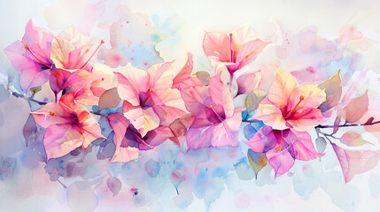 Watercolor Painting tropical bougainvillea with feathering, smooth and delicate edges, light background