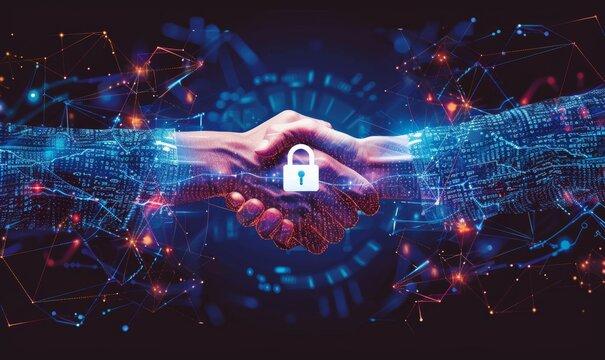 Two hands shaking, one digital and one human, with a padlock symbol on a technological background, representing cybersecurity and digital partnerships. Generative AI - Powered by Adobe
