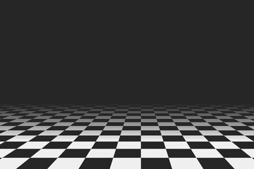 Naklejka premium Retro perspective background stage with a black and white checkered floor, featuring vintage chess board style. Fading away vanishing checkerboard texture. Abstract vector illustration pattern surface