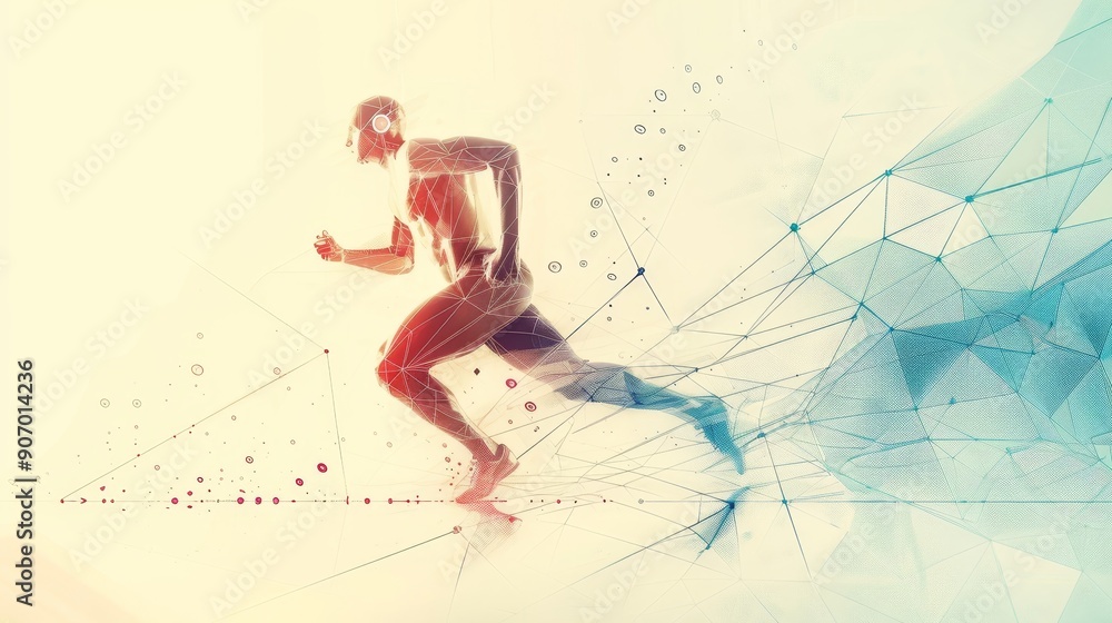 Poster A powerful athlete runs forward with determination, represented by an abstract network of lines, symbolizing connection, speed, technology, and human potential.