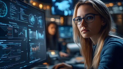 Modern AI interface displaying IT vendor risk levels, team collaborating in the background