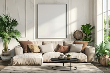 Modern living room interior with blank poster mockups on wall, minimalist furniture, contemporary decor concept. 3D Rendering, Generative AI