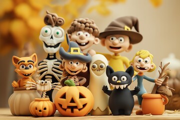 Naklejka premium different scary and funny figures from plastic clay - monsters, skeletons, cat, bat, pumpkin lantern, children's creativity, handicrafts. Decor for the holiday Halloween