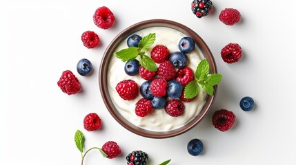 Bowl of Greek yogurt and fresh berries isolated on white background from top view