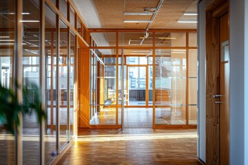 Fototapeta premium Wooden business interior with glass rooms and opened door, meeting space, Generative AI