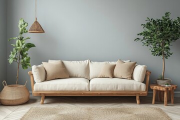 Home interior mockup, living room in pastel colors with wooden furniture, 3d render, Generative AI