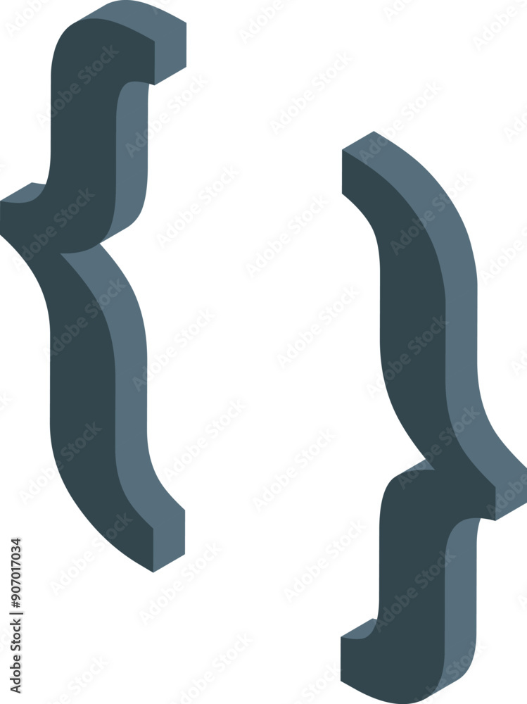 Poster dark grey curly brackets symbol rendered in isometric perspective, representing programming code and
