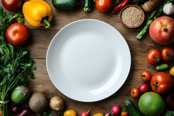 White Plate Surrounded by Fresh Produce on Wooden Background
