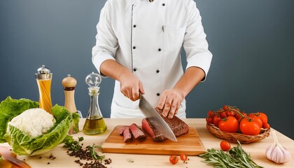 Chef cutting meat with knife on chopping board in kitchen. Cooking, Master chef