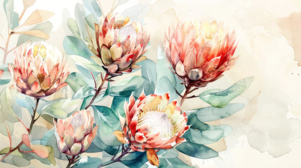 Watercolor Painting tropical protea with negative space, vibrant flowers on soft background, light beige