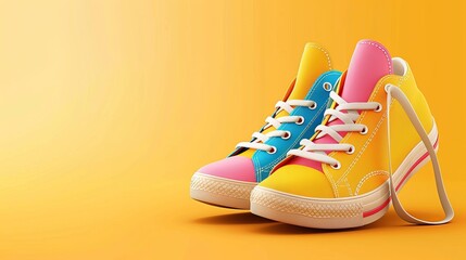 Colorful 3D shoes mockup Advertising poster with place for text with sporty sneakers for store selling sporty shoes Vector design in cartoon style in yellow color