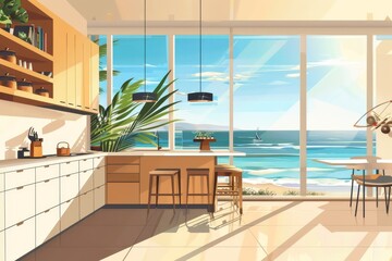 Fototapeta premium Cozy house kitchen interior with bar counter and cabinet, panoramic window, Generative AI