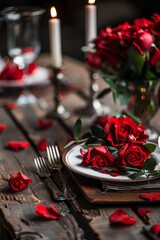 Rustic wooden table adorned with a romantic Valentine's Day setting, captured photo, evoking love