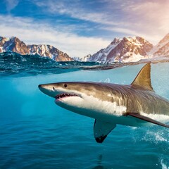 Fototapeta premium Great White Shark (Carcharodon carcharias) breaching in an attack.Great White Shark (Carcharodon carcharias) with an open mouth jumps out of water