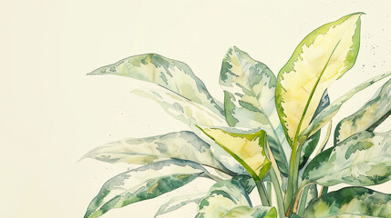 Watercolor Painting tropical ti plant in wet-on-wet style, seamless blending, light beige background