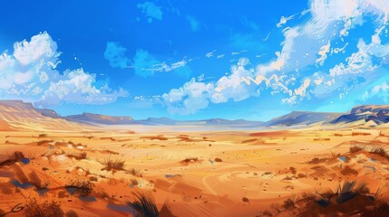 A vast desert landscape stretches out under a clear blue sky. Fluffy white clouds drift across the horizon, casting shadows on the sand dunes. The sun illuminates the scene, creating a warm and inviti