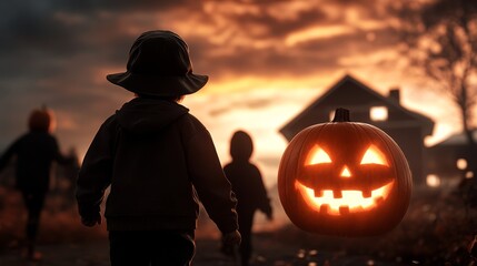 A spooky Halloween street scene with trick-or-treaters, glowing pumpkins, and decorated houses, high-resolution photo, realistic photo
