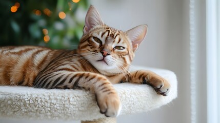 Obraz premium A cute Bengal cat with striking leopard-like spots lies on cat furniture that is on a white wall