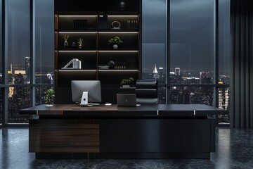 Dark business interior with ceo desk near panoramic window, laptop and shelf, Generative AI