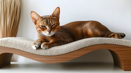 A cute Abyssinian cat with a sleek, ticked coat lies on cat furniture that is on a white wall