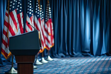 Podium and american flag in row, US presidential election, Generative AI