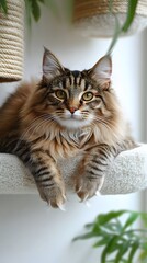 A cute Norwegian Forest cat with a thick, water-repellent coat lies on cat furniture that is on a white wall