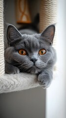 A cute Chartreux cat with a woolly, blue-grey coat lies on cat furniture that is on a white wall