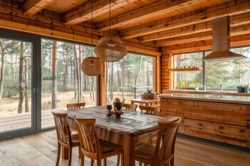 Obraz premium Wooden home kitchen interior with bar island and cooking cabinet, closeup, Generative AI