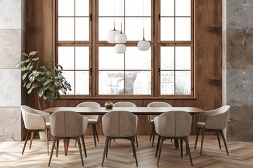 Home living room interior with sofa and armchairs, shelf and panoramic window, Generative AI