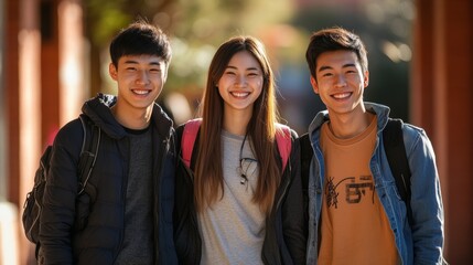 Portrait of Asian Chinese students studying abroad on a american or european campus, Generative AI