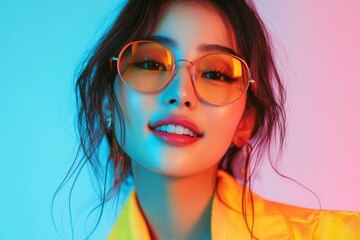 Gen-z beautiful asian fashionable female, wearing neon stylish clothes, happy, smiling, retro style in the style of Vaporwave fashion, Generative AI
