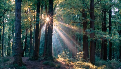 Obraz premium Green forest trees with sunbeams and deep woods sun rays shimmer. Sunbeams peeking through forest trees in early autumn shades. Time lapse.
