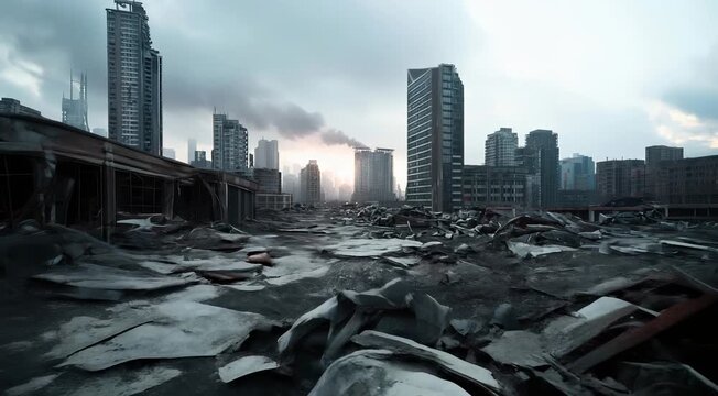 A post-apocalyptic cityscape showing a skyline filled with tall buildings and structures, with debris and ruins in the foreground.