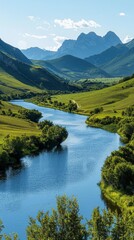 Sweeping Panorama of a River Surrounded by Lush Green Mountains on a Sunny Day, Embracing Nature's Serene Grandeur