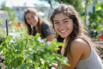 Fototapeta premium Teen girls at a community garden, planting and gardening together, Generative AI